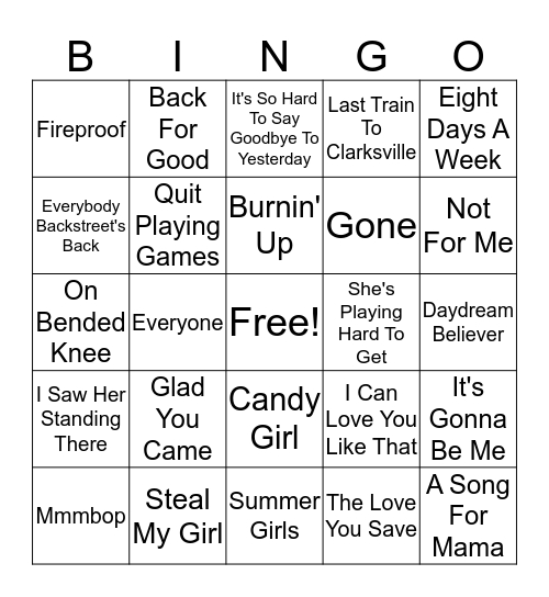 BOY BANDS Bingo Card