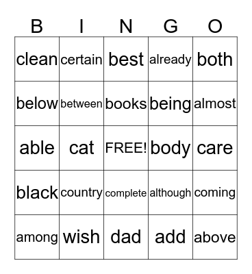 Sight Word Bingo Card