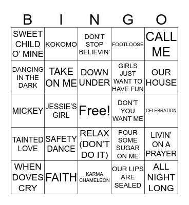 80's Music Bingo Card