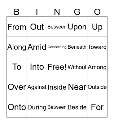 Preposition Bingo Card