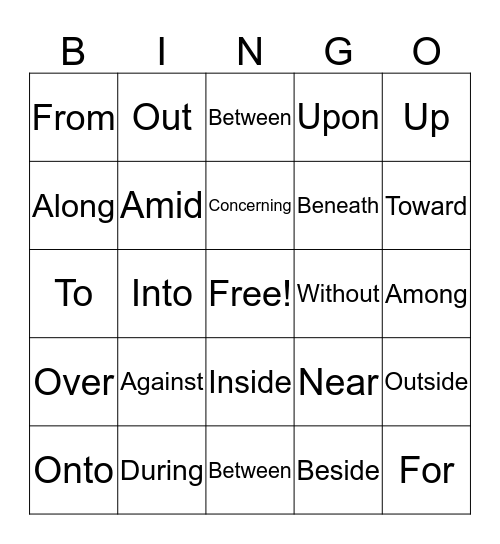 Preposition Bingo Card