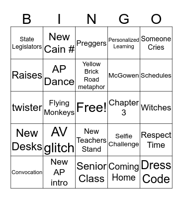 Follow the Yellow Brick Road Bingo Card