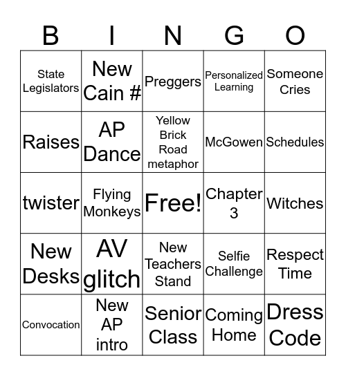 Follow the Yellow Brick Road Bingo Card