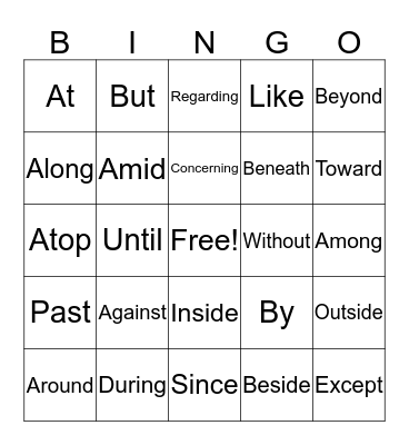 Preposition Bingo Card