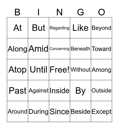 Preposition Bingo Card