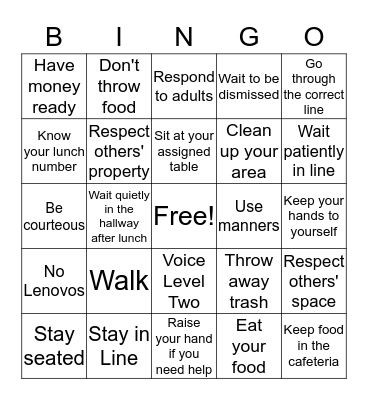 Cafeteria Expectations Bingo Card
