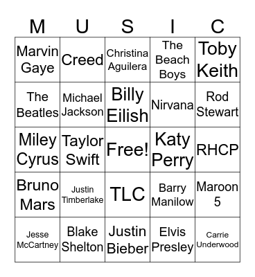 Pop Music Bingo Card