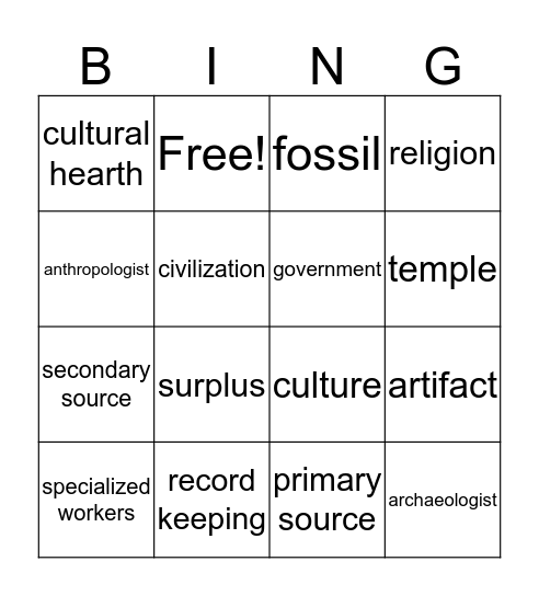 Wyman - Origins of Civilization Bing! Bingo Card