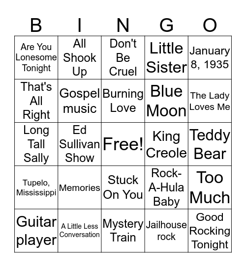 Elvis Bingo Card