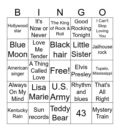 Elvis Bingo Card