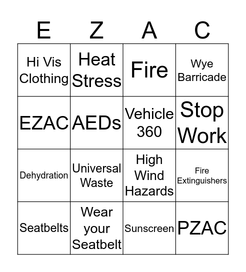 EZAC Bingo Card