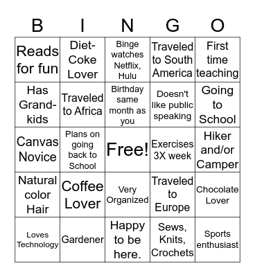 School of Nursing Orientation Bingo Card