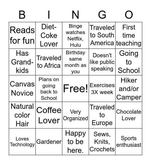 School of Nursing Orientation Bingo Card