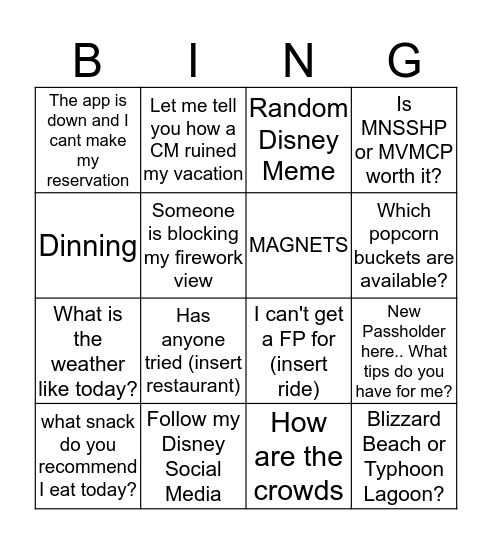 Disney Group Bingo Card