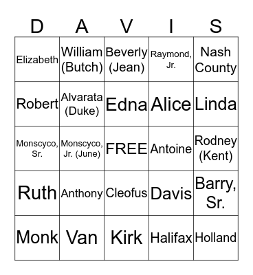 DAVIS FAMILY BINGO Card