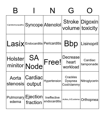 Cardiac Bingo Card