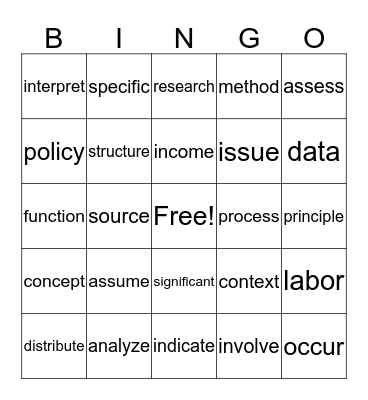 Tier 1 Academic Vocabulary Bingo Card