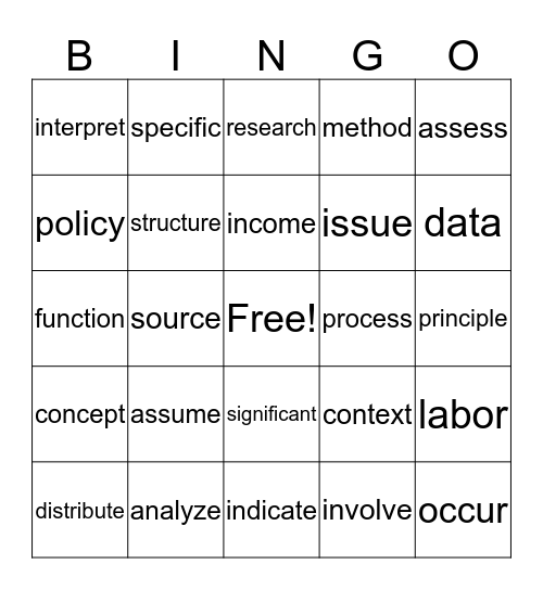 Tier 1 Academic Vocabulary Bingo Card