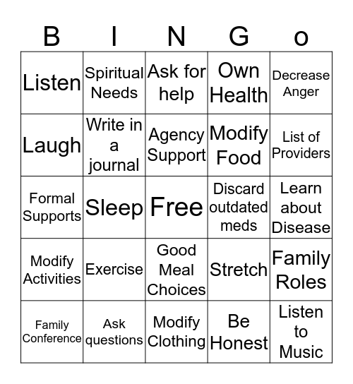 Caregiver Bingo Card