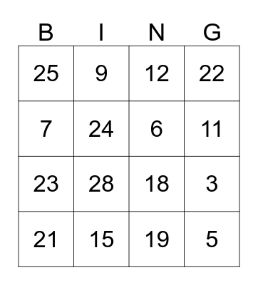 test Bingo Card