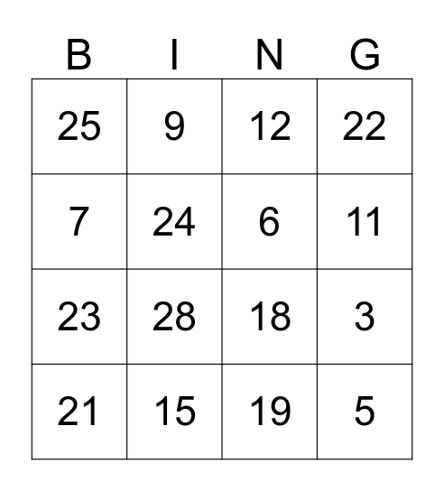 test Bingo Card