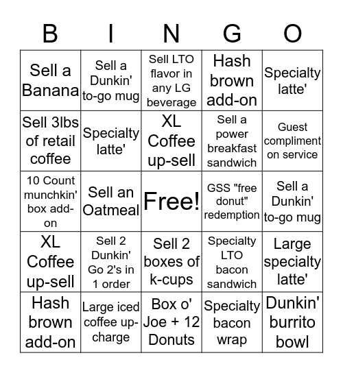 Dunkin' Bingo Card
