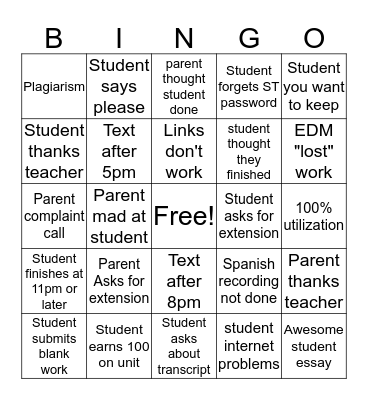 Summer School Bingo Card