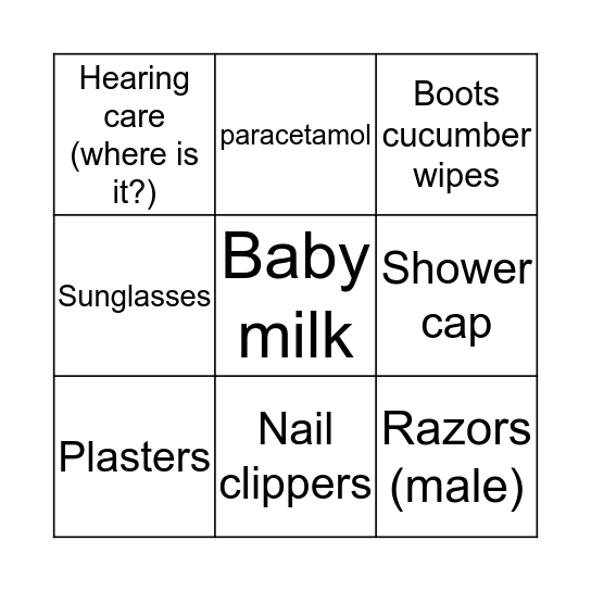 Boots Bingo Card