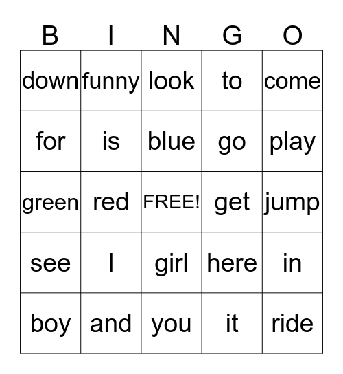 Sight Word Bingo Card