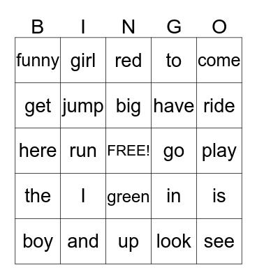 Sight Word Bingo Card