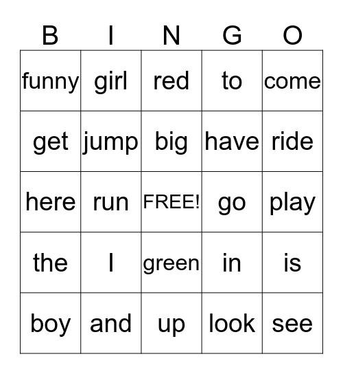 Sight Word Bingo Card