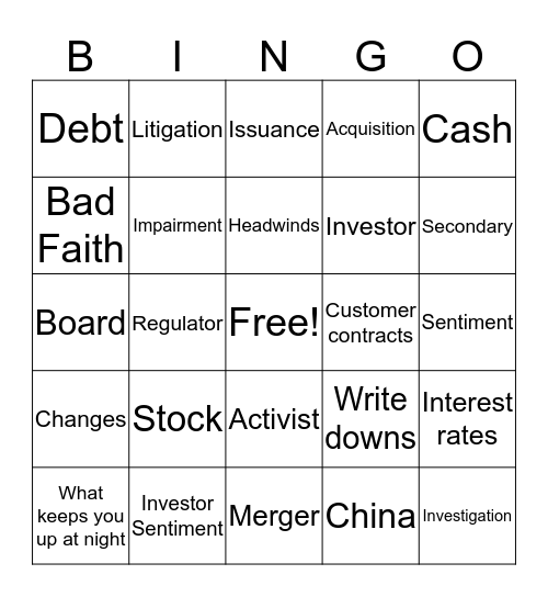 D&O Underwriting Meeting Bingo Card