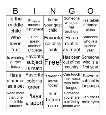 Classroom Bingo Card