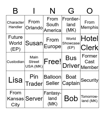 Disney Cast Member Bingo Card