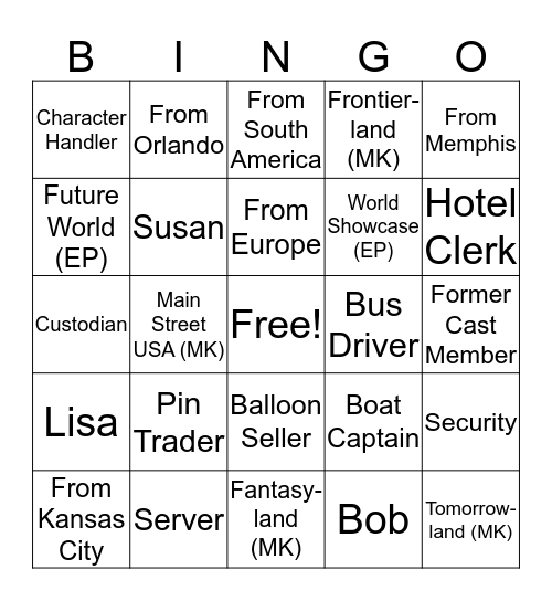 Disney Cast Member Bingo Card