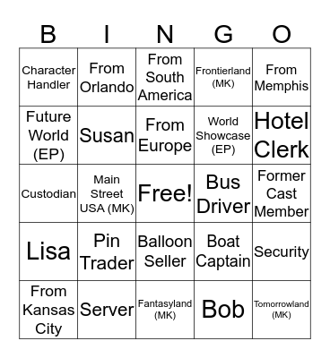 Disney Cast Member Bingo Card