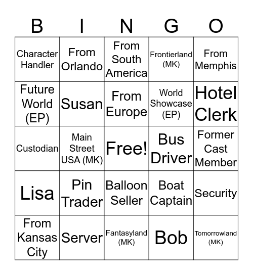 Disney Cast Member Bingo Card