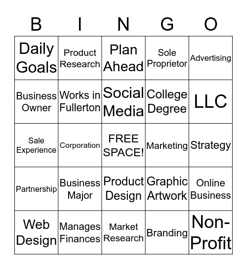 Fullerton Youth Investment Bingo Card