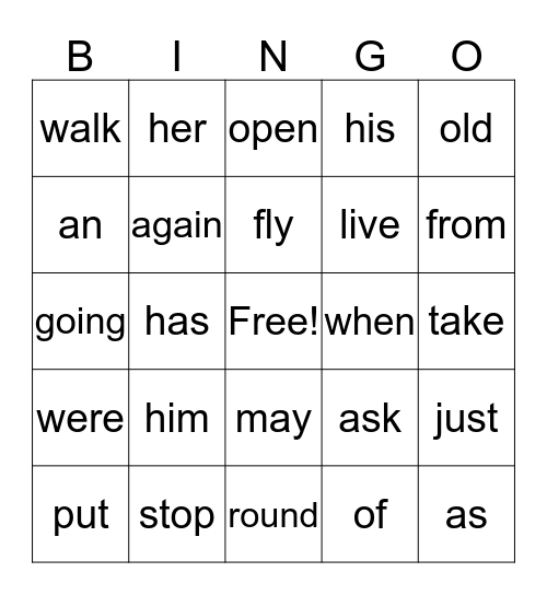 Dolch Words - First Bingo Card