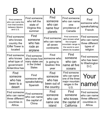 Get to know YOU Geography Bingo Card