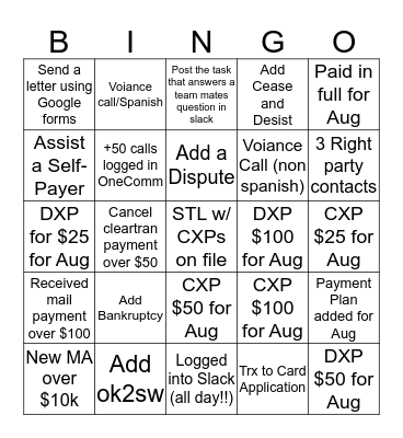 Outbound Recoveries  Bingo Card