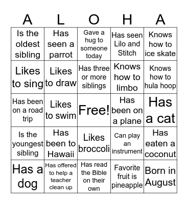 Aloha Bingo Card