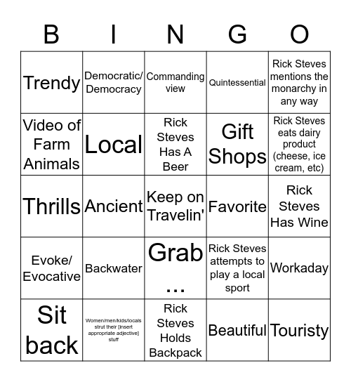 Rick Steves Bingo 2.0 Bingo Card