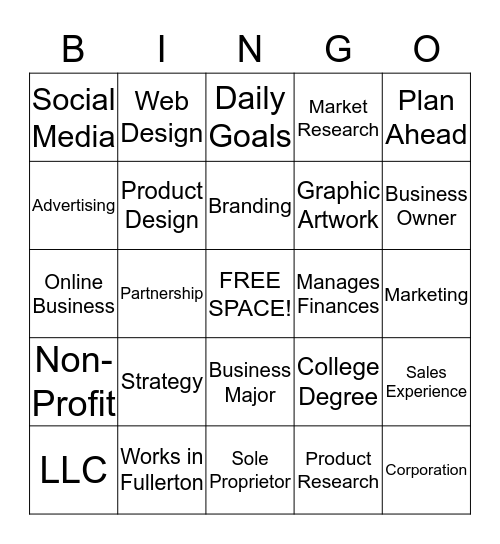 Fullerton Youth Investment Bingo Card