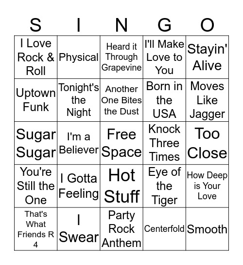 The Entertainment Staaf Musical BINGO - Top Hits Bingo Card