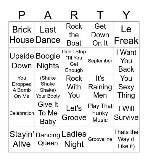 70s Party Music Bingo Card