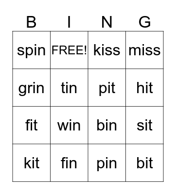 Short i Bingo Card