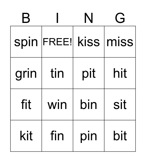 Short i Bingo Card