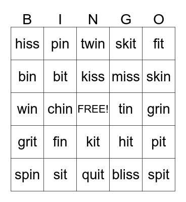 Short i Bingo Card