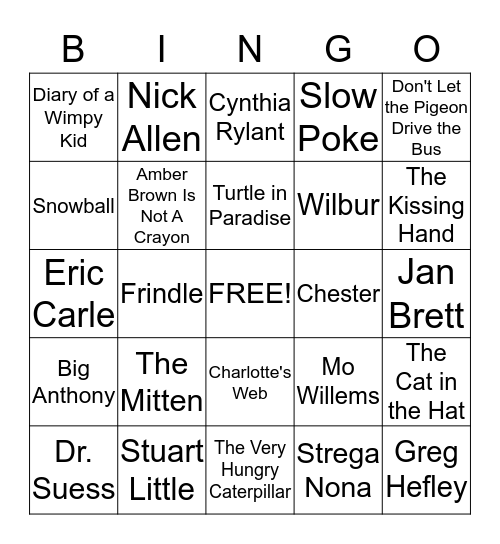 Favorite Characters, Books, & Authors Bingo Card